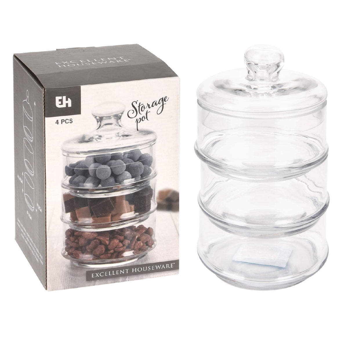 Excellent Houseware Storage Pot Jar Glass H22cm x D13cm 4 Piece Set YE1100320 | Stackable Food Storage Container with Lid