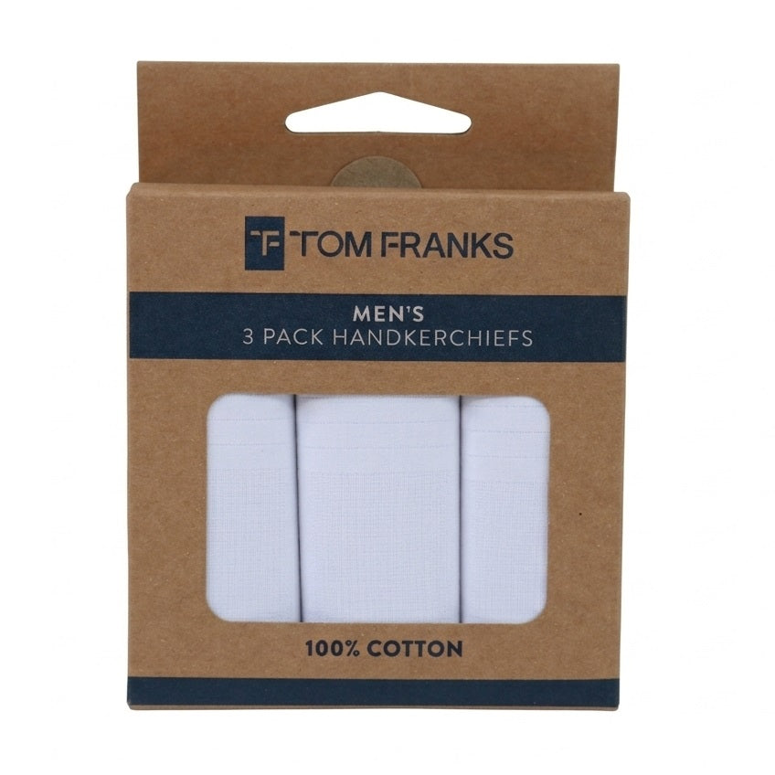 Tom Franks Mens 100 Percent Cotton Hankies White Pack of 3 HK036