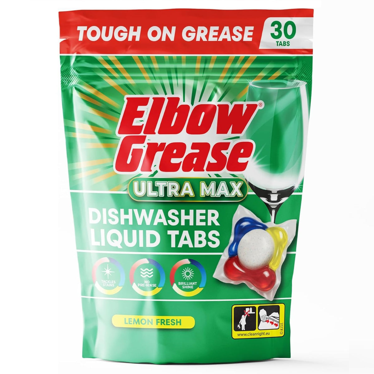 151 Elbow Grease Ultra Max Lemon Fresh Dishwasher Liquid Tabs White Pack of 30 EG301 | Tough on Grease | No Pre-Rinse | Brilliant Shine | Neutralise Odours | Prevent Limescale and Spots | Dishwashing Tablets | Dish Cleaning Tablets