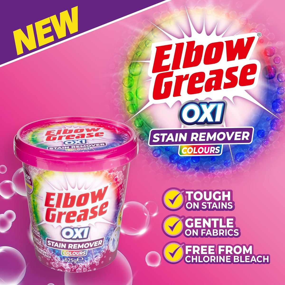 151 Elbow Grease Oxi Stain Remover Multicoloured 625g EG286 | Laundry Stain Remover Powder | Tough on Stains | Gentle on Fabrics | Free from Chlorine Bleach | Scoop Included | Oxy Laundry Booster for Cloths | Fabric Brightener | Laundry Treatment Powder | Household Laundry Cleaner