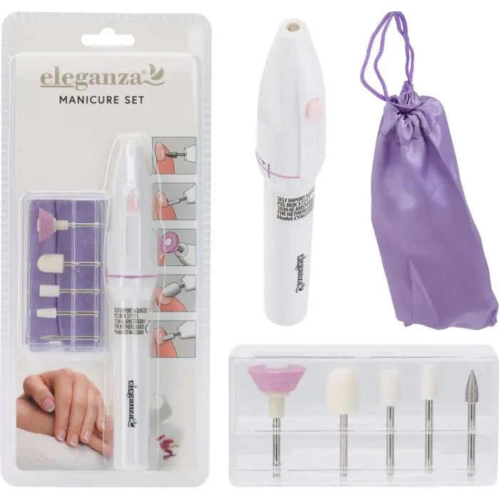Eleganza Electric Manicure White Pack of 6 CY4655860 | Portable Nail Drill Kit | For Filing-Shaping-Buffing and Cuticle Care | Nail Care Tool | Nail Grooming Set | Cordless Manicure Tool | Compact Manicure Device | Electric Nail Polisher