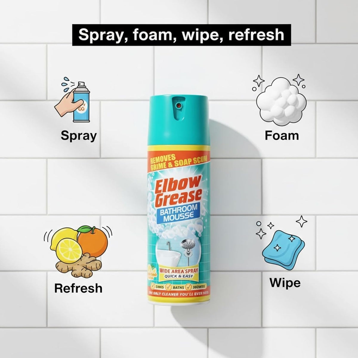 151 Elbow Grease Lemon Fresh Bathroom Mousse Spray Multicoloured 400ml EG170 | Removes Grime and Soap Scum | Wide Area Foam Cleaner | For Sinks-Baths and Showers | Cleans Sinks-Baths and Showers | Prevent Limescale | Bathroom Grime Remover