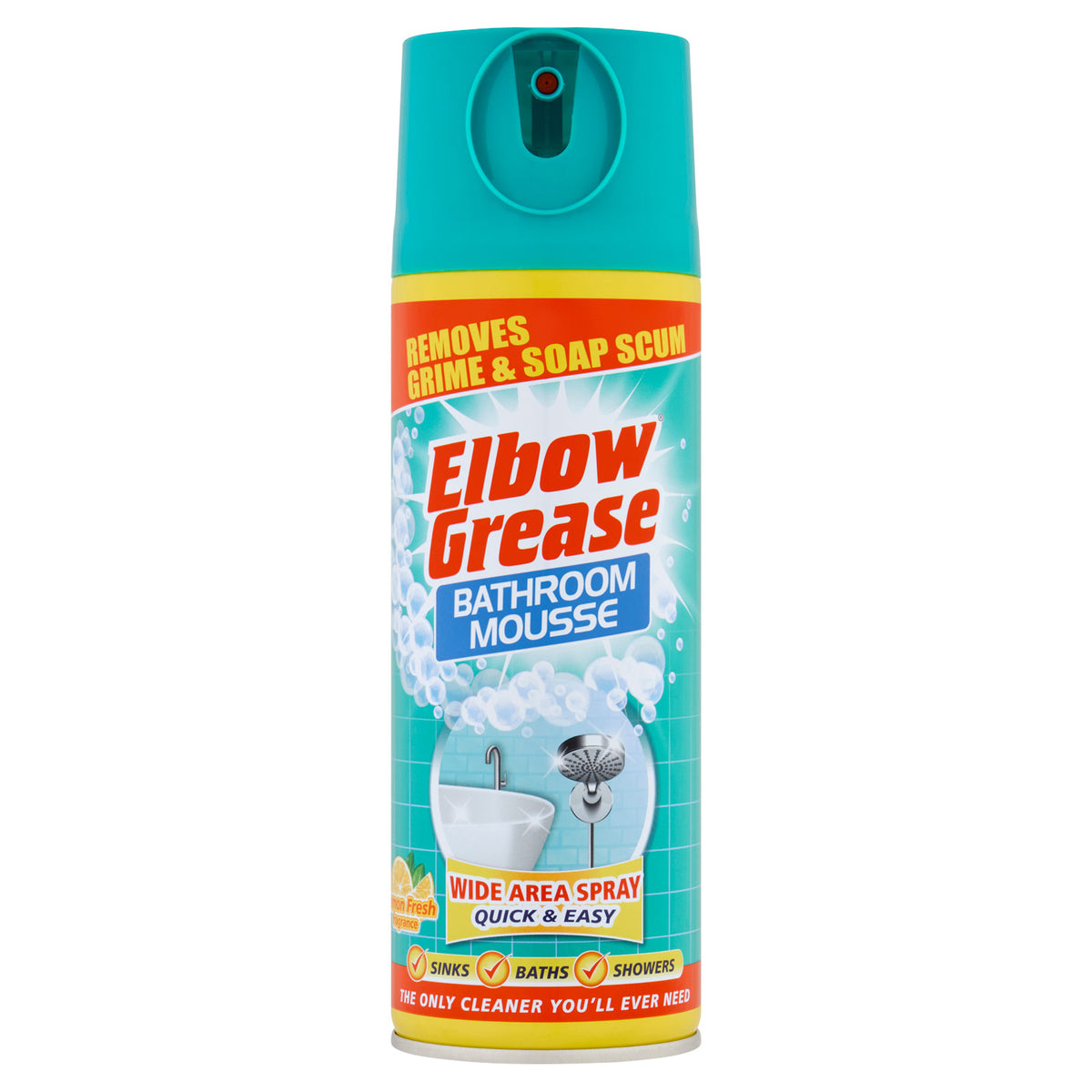 151 Elbow Grease Lemon Fresh Bathroom Mousse Spray Multicoloured 400ml EG170 | Removes Grime and Soap Scum | Wide Area Foam Cleaner | For Sinks-Baths and Showers | Cleans Sinks-Baths and Showers | Prevent Limescale | Bathroom Grime Remover