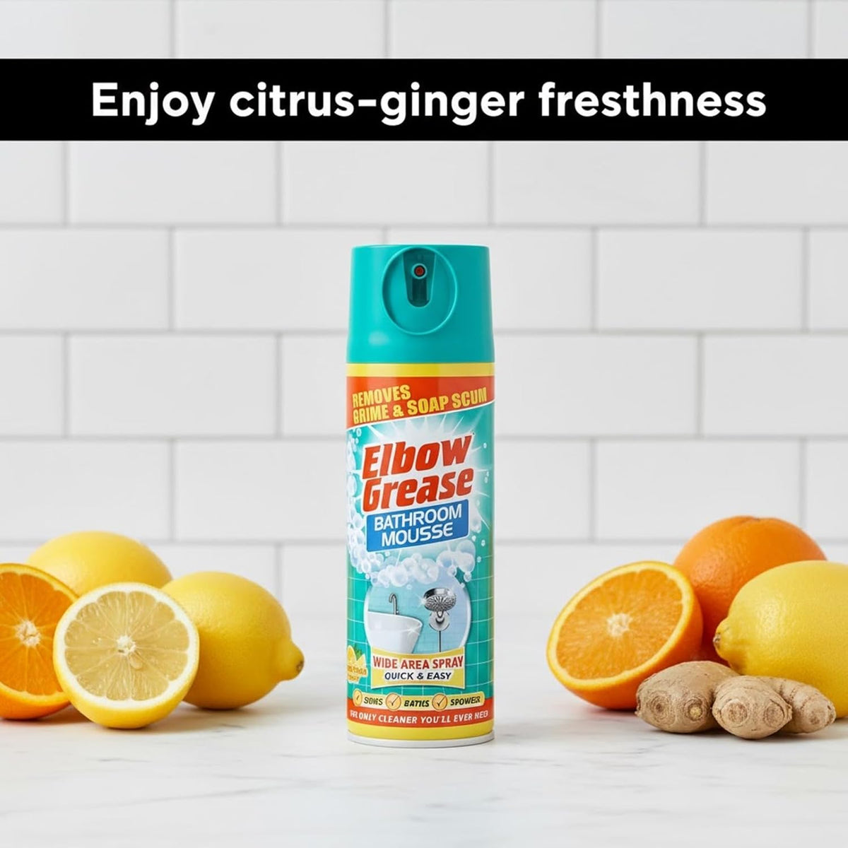 151 Elbow Grease Lemon Fresh Bathroom Mousse Spray Multicoloured 400ml EG170 | Removes Grime and Soap Scum | Wide Area Foam Cleaner | For Sinks-Baths and Showers | Cleans Sinks-Baths and Showers | Prevent Limescale | Bathroom Grime Remover