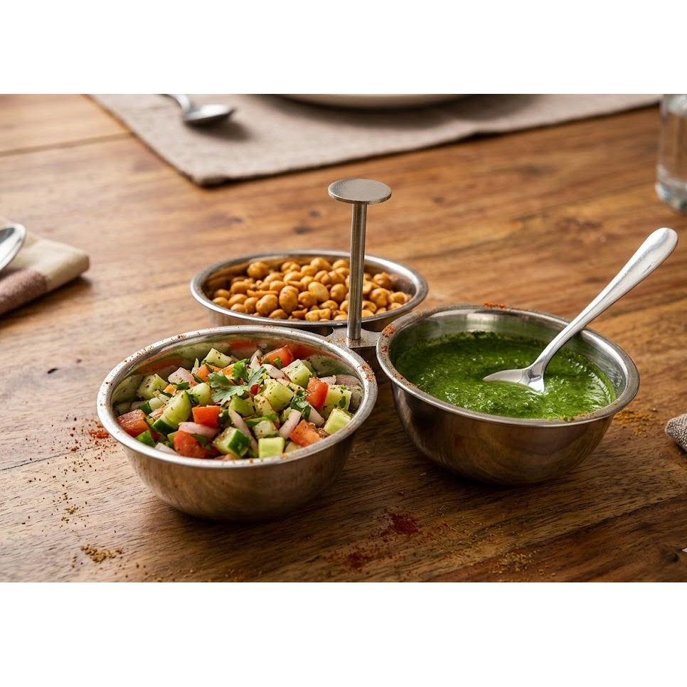 Excellent Houseware Stainless Steel Triple Serving Bowl Set Silver 22cm x 22cm x 11.5cm A12441940 | Table Multiuse Snack Dip Condiment Serving Tray