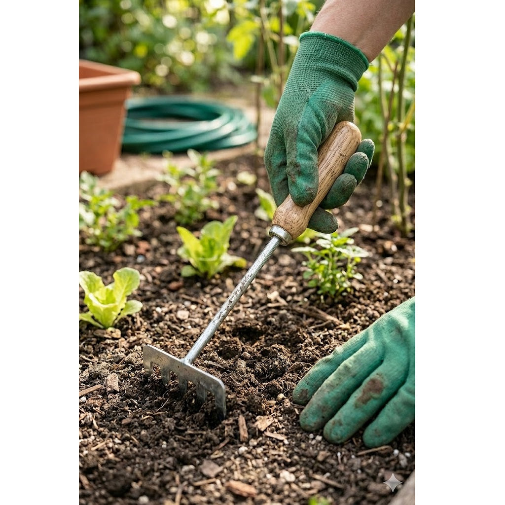 Pro Garden Hand Rake with Wooden Handle Metallic Silver 29.5cm x 8 cm R22000100 | Metal Garden Rake | Small Hand Cultivator for Soil-Weeding and Plant Care