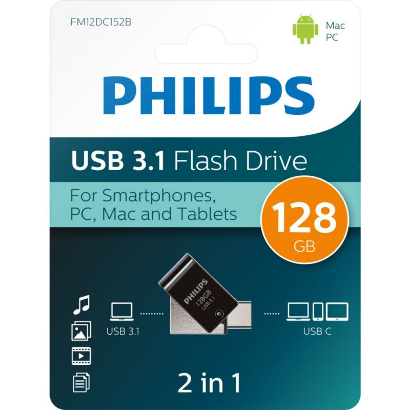 Philips 2 in 1 USB 3.1 Flash Drive Black 128GB PHIOTG128GBTYPE | For Smartphones PC Mac and Tablets