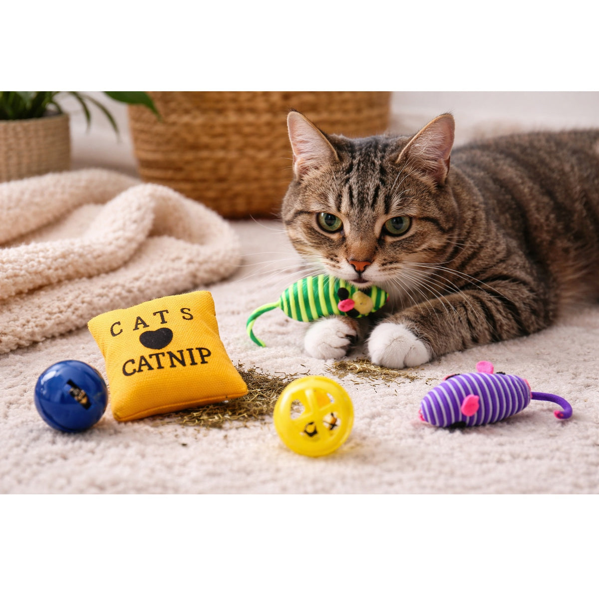 Cats Collection Cat Toy Set Assorted Pack of 5 485600150 | Catnip Cushion Ball-Spring and Mouse Toys | Interactive Cat Play Toy Kit for Kittens and Adult Cats
