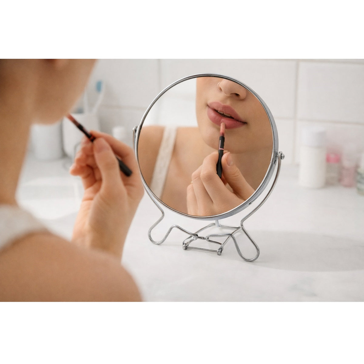 JL Supplies Ltd Two Sided Circular Mirror Chrome Silver Finish 8-Inch 7629  6729 | Tabletop Shaving and Makeup Mirror | Double-Sided 360 Degree Swivel Pedestal Mirror for Bathroom and Dressing Table