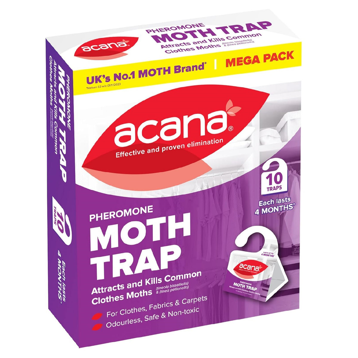 Acana Pheromone Moth Trap Mega Pack of 10 1337 | Attracts and Kills Common Clothes Moths | Odourless-Safe and Non-Toxic Moth Killer | Effective and Proven Elimination | Each Lasts 4 Months | For Cloths-Fabrics and Carpets