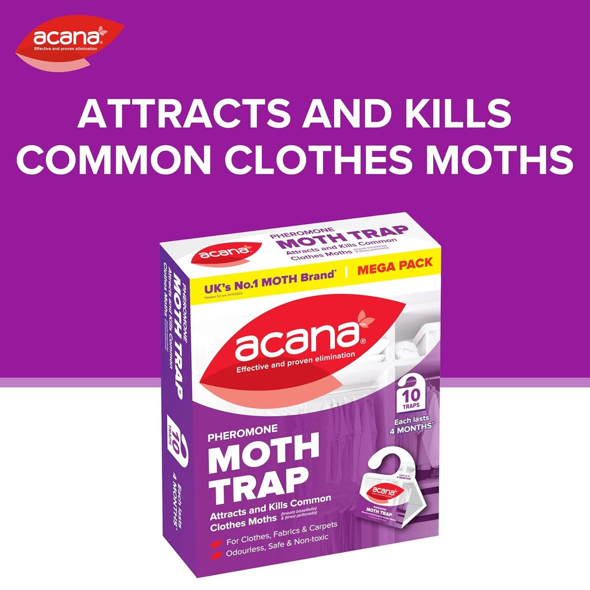 Acana Pheromone Moth Trap Mega Pack of 10 1337 | Attracts and Kills Common Clothes Moths | Odourless-Safe and Non-Toxic Moth Killer | Effective and Proven Elimination | Each Lasts 4 Months | For Cloths-Fabrics and Carpets