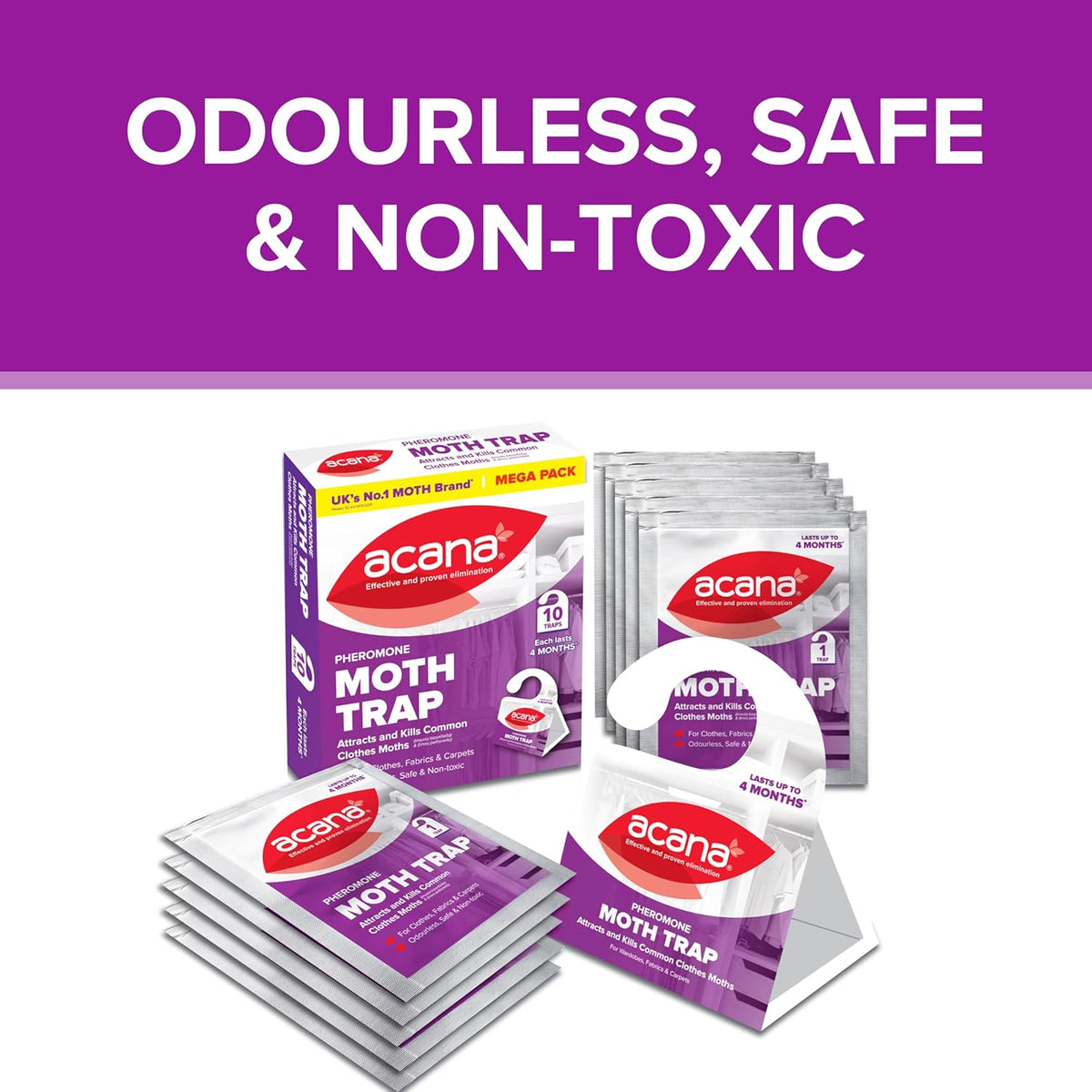 Acana Pheromone Moth Trap Mega Pack of 10 1337 | Attracts and Kills Common Clothes Moths | Odourless-Safe and Non-Toxic Moth Killer | Effective and Proven Elimination | Each Lasts 4 Months | For Cloths-Fabrics and Carpets
