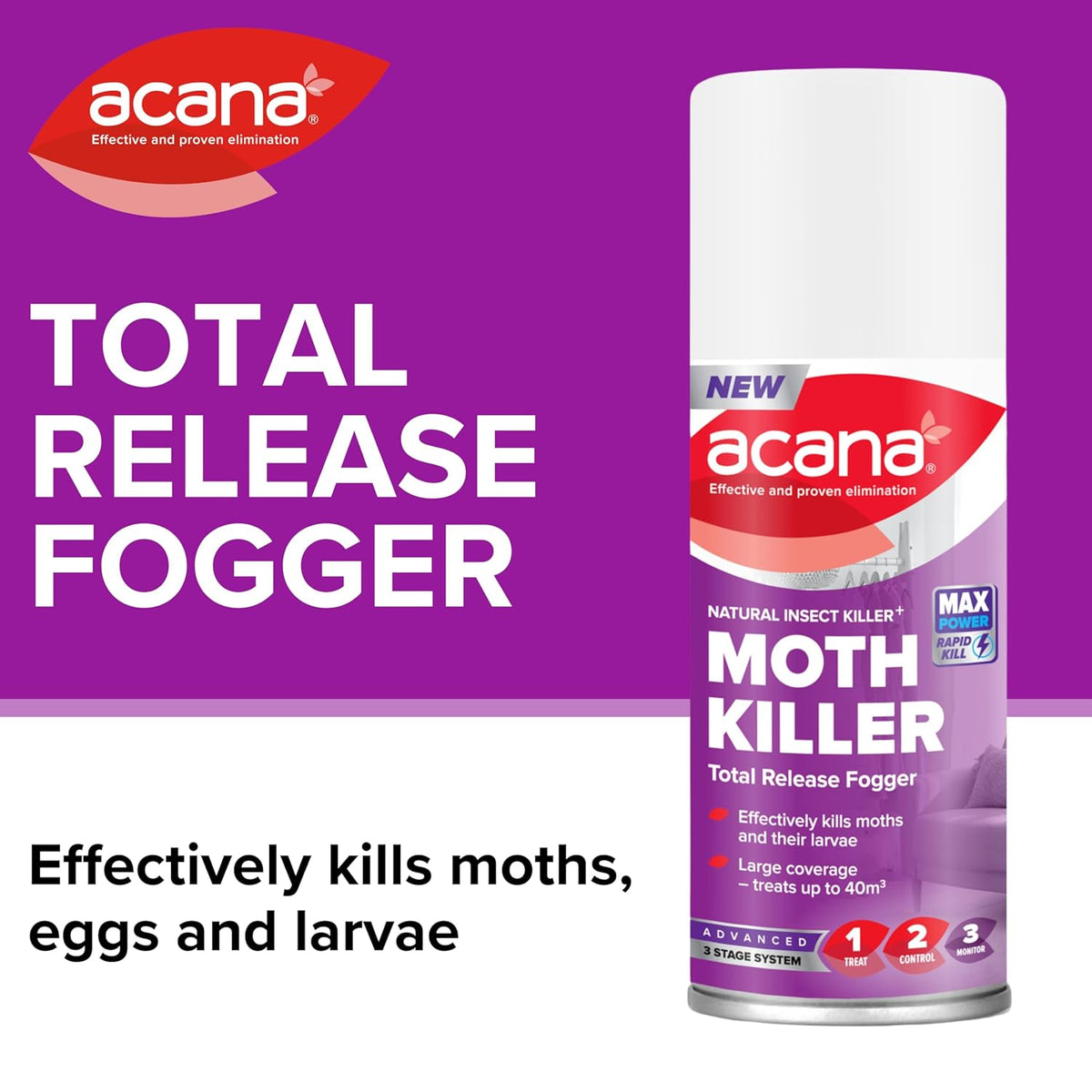 Acana Moth Killer Total Release Fogger 150ml 1318 | Natural Insect killer Spray | Large Coverage-Treats upto 40 Metre Cube | Effectively Kills Moths and their Larvae | Max Power Rapid Kill | Effective and Proven Elimination