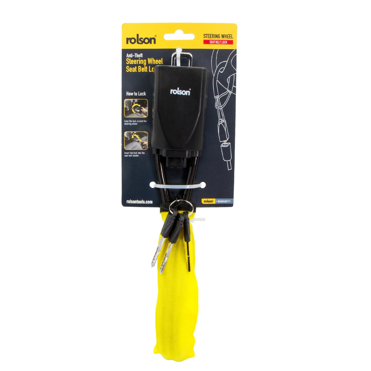 Rolson Anti-Theft Steering Wheel Seat Belt Lock Black and Yellow 720mm x 60mm x 48mm 42924 | High Visibility Yellow Security Cable | Universal Vehicle Immobiliser and Car Theft Deterrent with 3 Keys