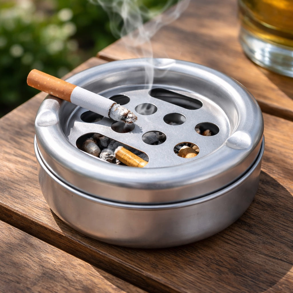 Aluminium Ashtray Silver 10cm x 5.5cm CY5654250 | Push-Down Ash Bin | Heat-Resistant | Odour-Free | Receptacle for Outdoor Garden and Home Use | Windproof Spinning Ashtray