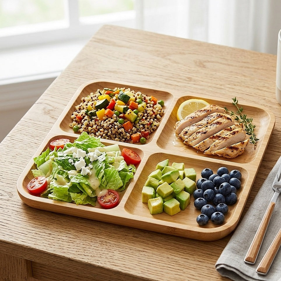 Excellent Houseware Square Bamboo 4 Compartments Serving Platter Brown 30cm x 30cm 784610130 | Natural Wood Divided Appetiser Tray | Eco-Friendly Split Charcuterie Board for Snacks-Dips and Party Food