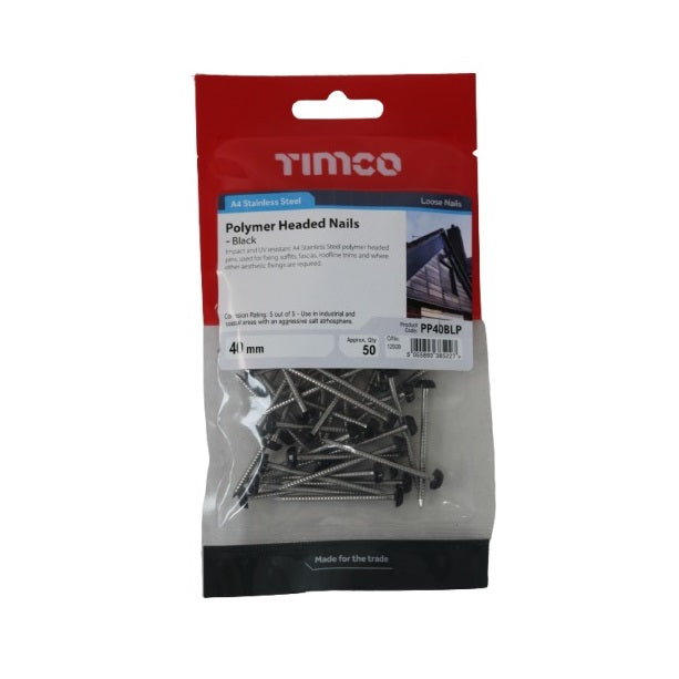 Timco Polymer Headed A4 Stainless Steel Nails Black 40mm Pack of 50 PP40BLP | UV Stable | Impact resistant | Used for Fixing Soffits-fascias-Roofline Trims | Shank - 2.1mm | Substrates - Corrosive Wood | Fixing Pins | Fixing Nails | Cladding Pins