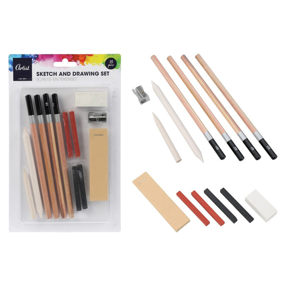Artist Sketch and Drawing Set Multicoloured Pack of 13 110740520 | Graphite Pencils | Charcoal Sticks | Eraser | Sharpener and Blending Stumps | Complete Art Sketch Kit | For Beginners and Artists | Drawing Tools Set | Art Supplies | Drawing Starter Kit | Creative Drawing Set