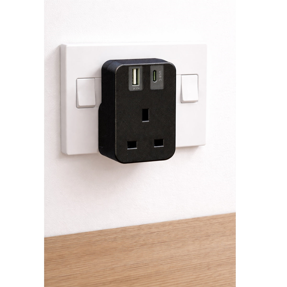 Power Plus Dual USB Wall Adaptor Black 13Amp 1383 | Compact-Plug-in USB Adaptor | USB-A and Type-C Port | UK 3-Pin Socket Converter | Fast Charging Station for Smartphones-Tablets and Cameras
