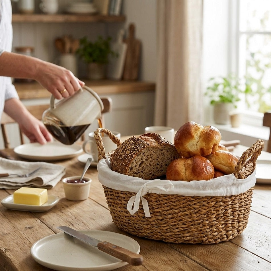 H and S Collection Bread Basket Brown 30cm x 20cm x 12cm BD2000740 | Natural Woven Seagrass | Wicker Serving Tray with Removable Cloth Liner | Oval Tabletop Storage Hamper | Rustic Fruit Bowl | Kitchen Counter Organiser