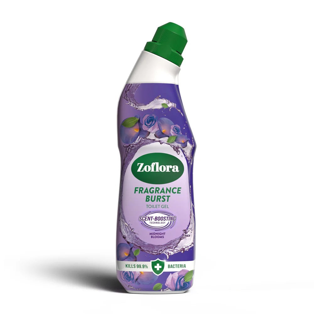 Zoflora Fragrance Burst Midnight Blooms Toilet Gel Purple 750ml 12190 | Scent Boosting Technology | Seductive Fragrance Combining Oriental Rose and Orange Blossom | Kills Bacteria | Long Lasting Toilet Cleaner | Toilet Cleaning Gel | Hygiene Gel | Toilet