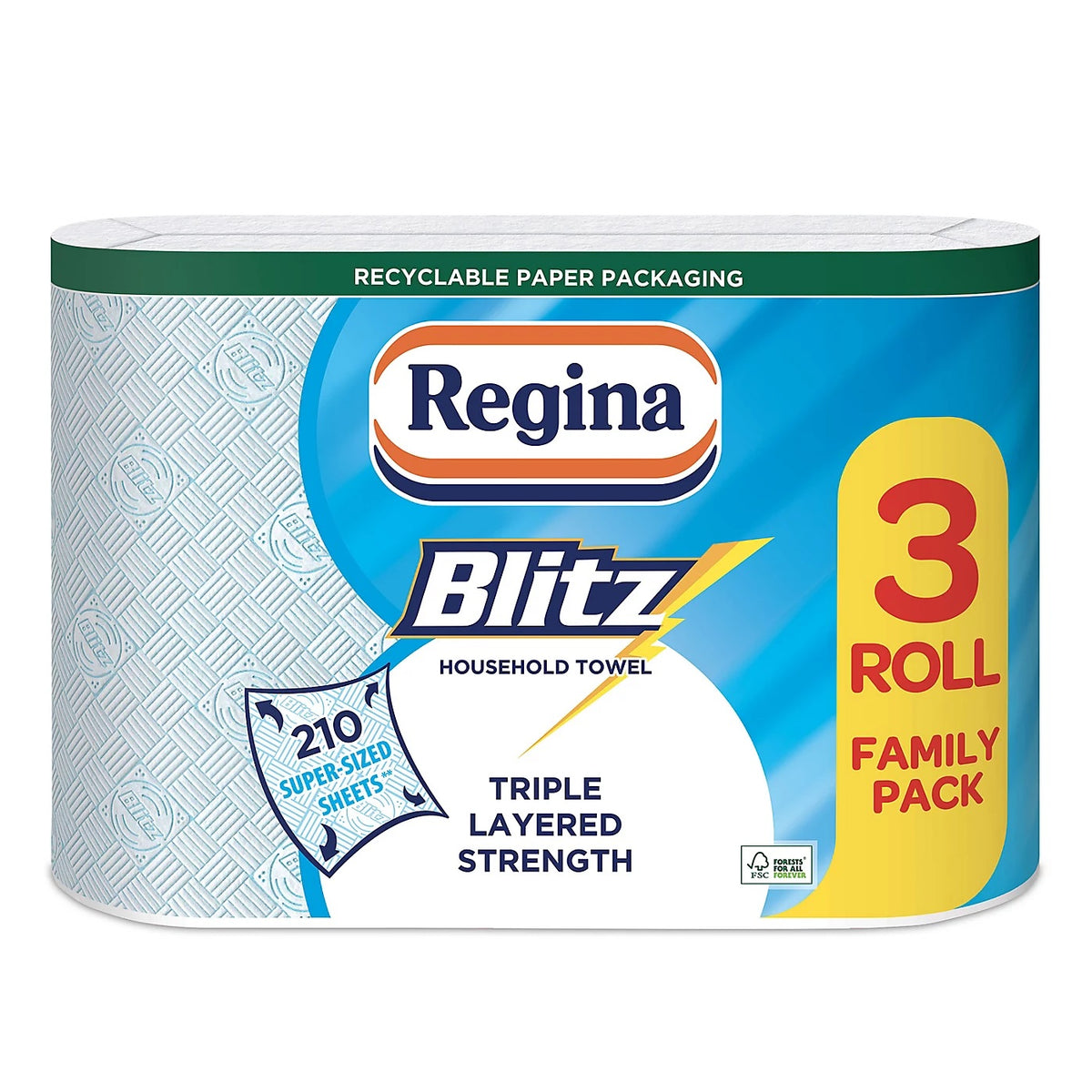 Regina Blitz Household Towel Blue and White 32cm x 26.5cm Pack of 3 130428 | Triple Layered Strength | 210 Super Sized Sheets
