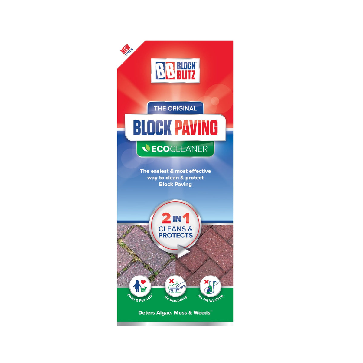 Block Blitz Original Block Paving Eco Cleaner Clear 760g Twin Pack BBO2 | Multi-Use | 2-in-1 Patio Treatment and Sealer | Moss and Algae Deterrent | Weed Prevention Wash | Child and Pet Safe Driveway Restorer | No-Scrub Outdoor Pavement Solution