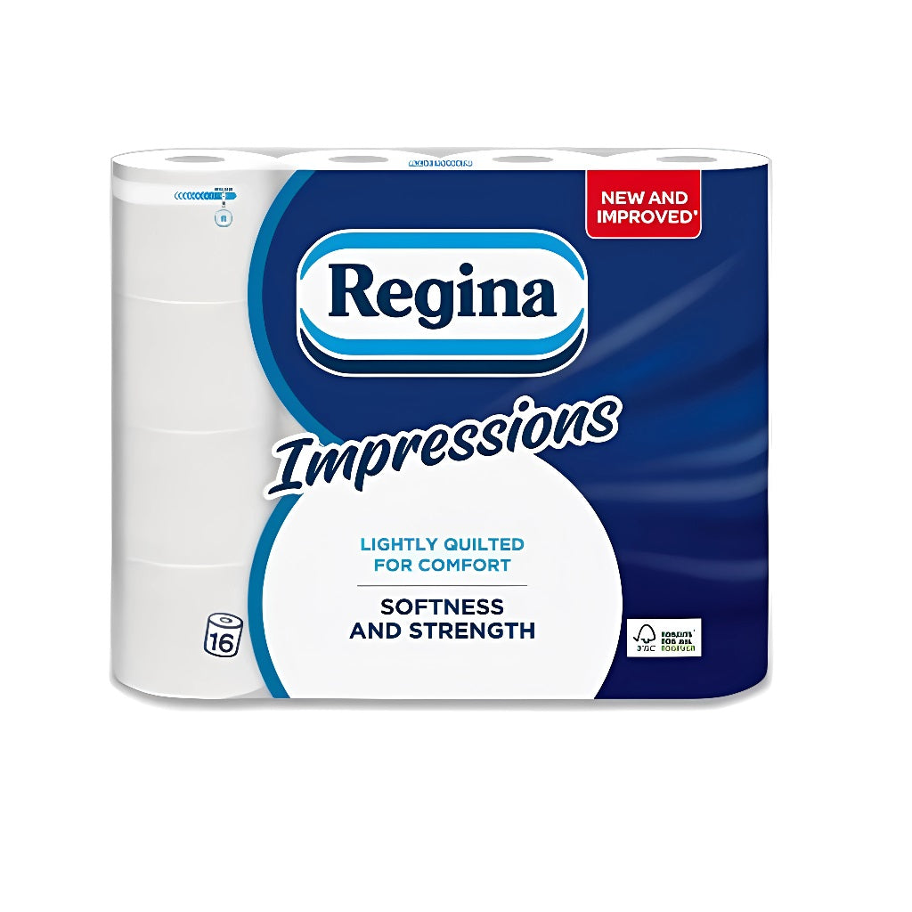 Regina Impressions Toilet Tissue Rolls White Pack of 16 416926 | Lightly Quilted Bathroom Paper | Soft and Strong Loo Roll | Multi-Pack Household Tissue | Comfort Embossed 3-Ply Rolls | Premium Washroom Hygiene Bulk Pack