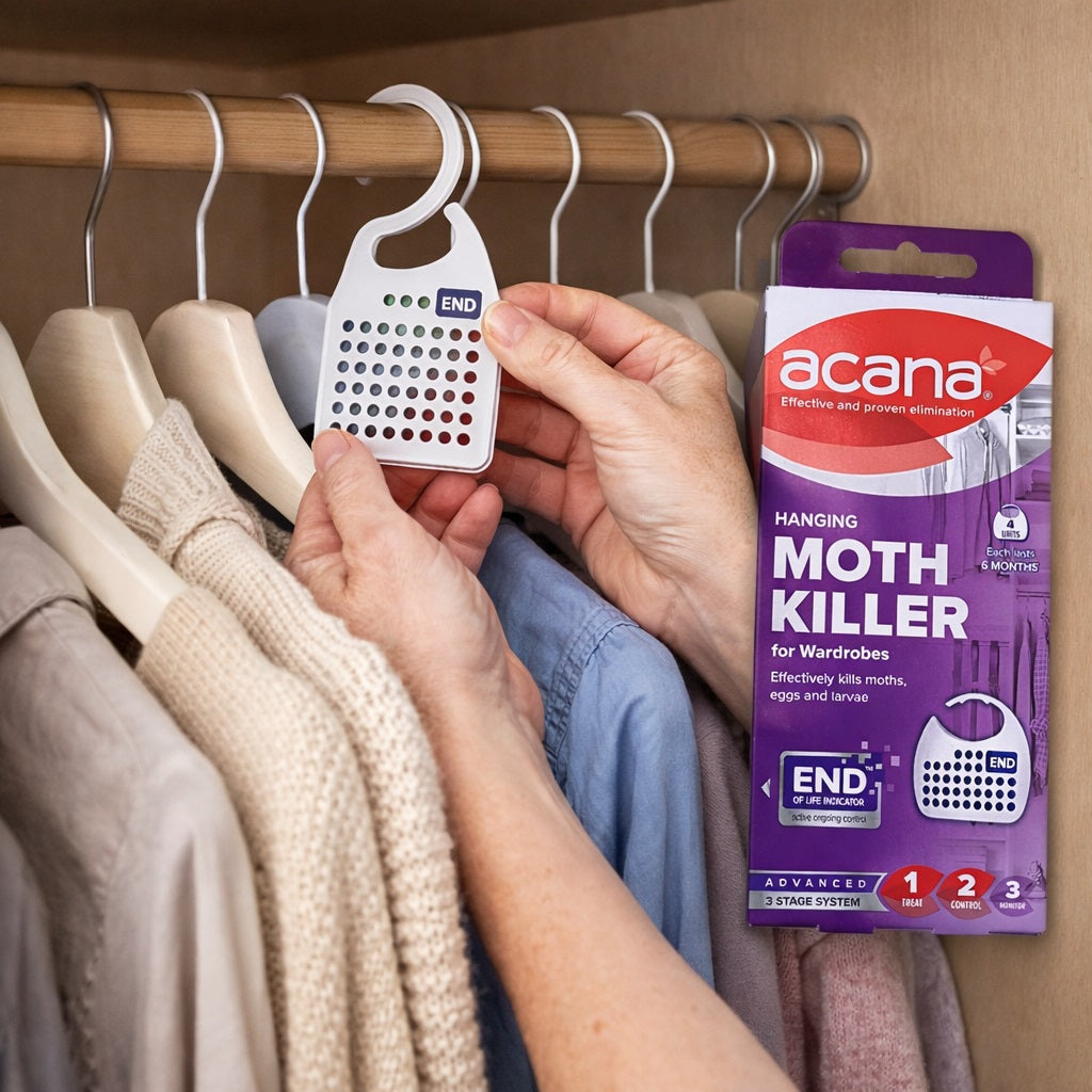 Acana Hanging Moth Killer and Freshner for Wardrobes White Pack of 4 2675 | Effective and Proven Eliminatio | Long-Lasting Clothes | Kills Moths-Eggs and Larvae | Up to 6 Months Protection | Advanced 3 Stage System | Wardrobe Pest Control | Garment Protection | Bedding Protection | Wardrobe Care | Wool Protection