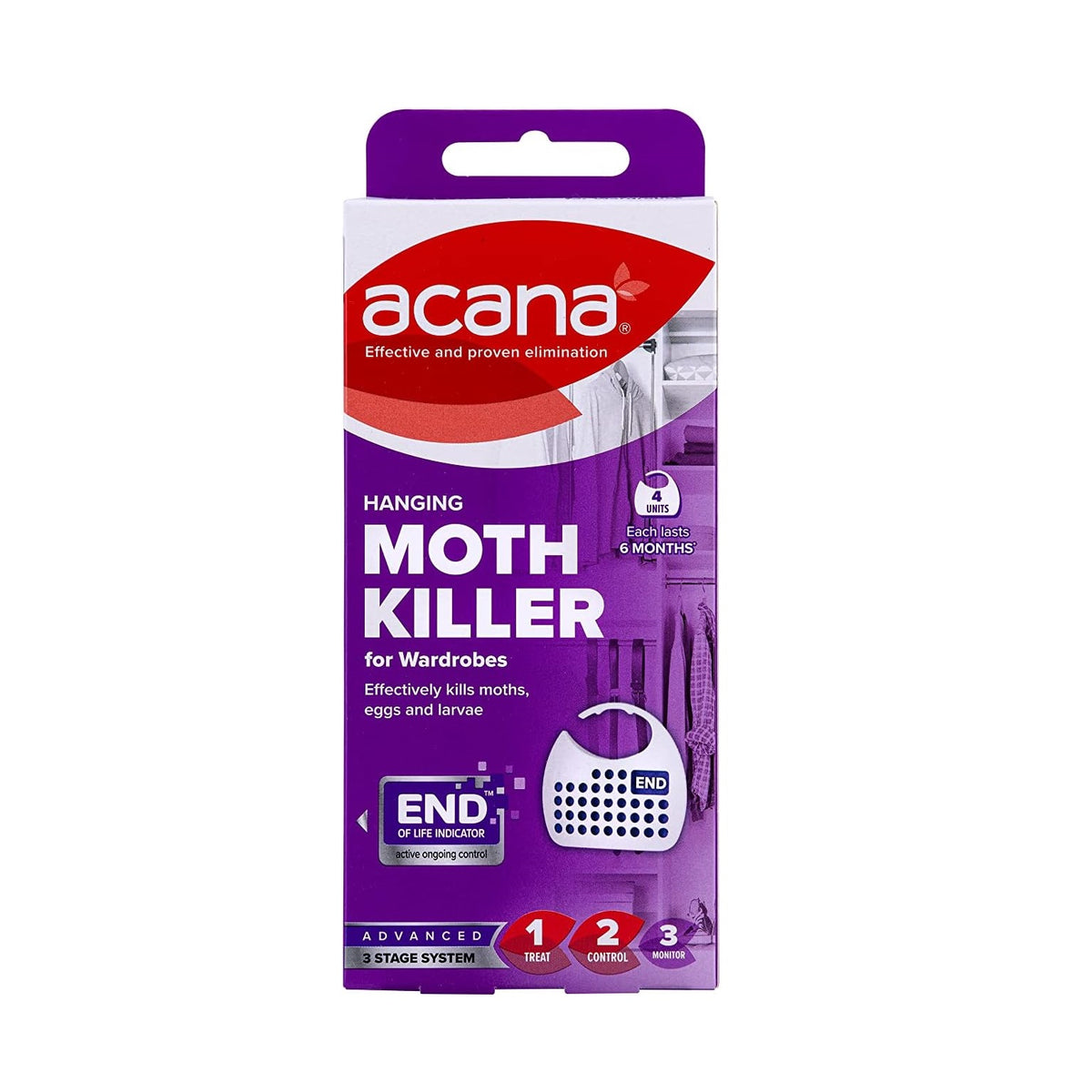 Acana Hanging Moth Killer and Freshner for Wardrobes White Pack of 4 2675 | Effective and Proven Eliminatio | Long-Lasting Clothes | Kills Moths-Eggs and Larvae | Up to 6 Months Protection | Advanced 3 Stage System | Wardrobe Pest Control | Garment
