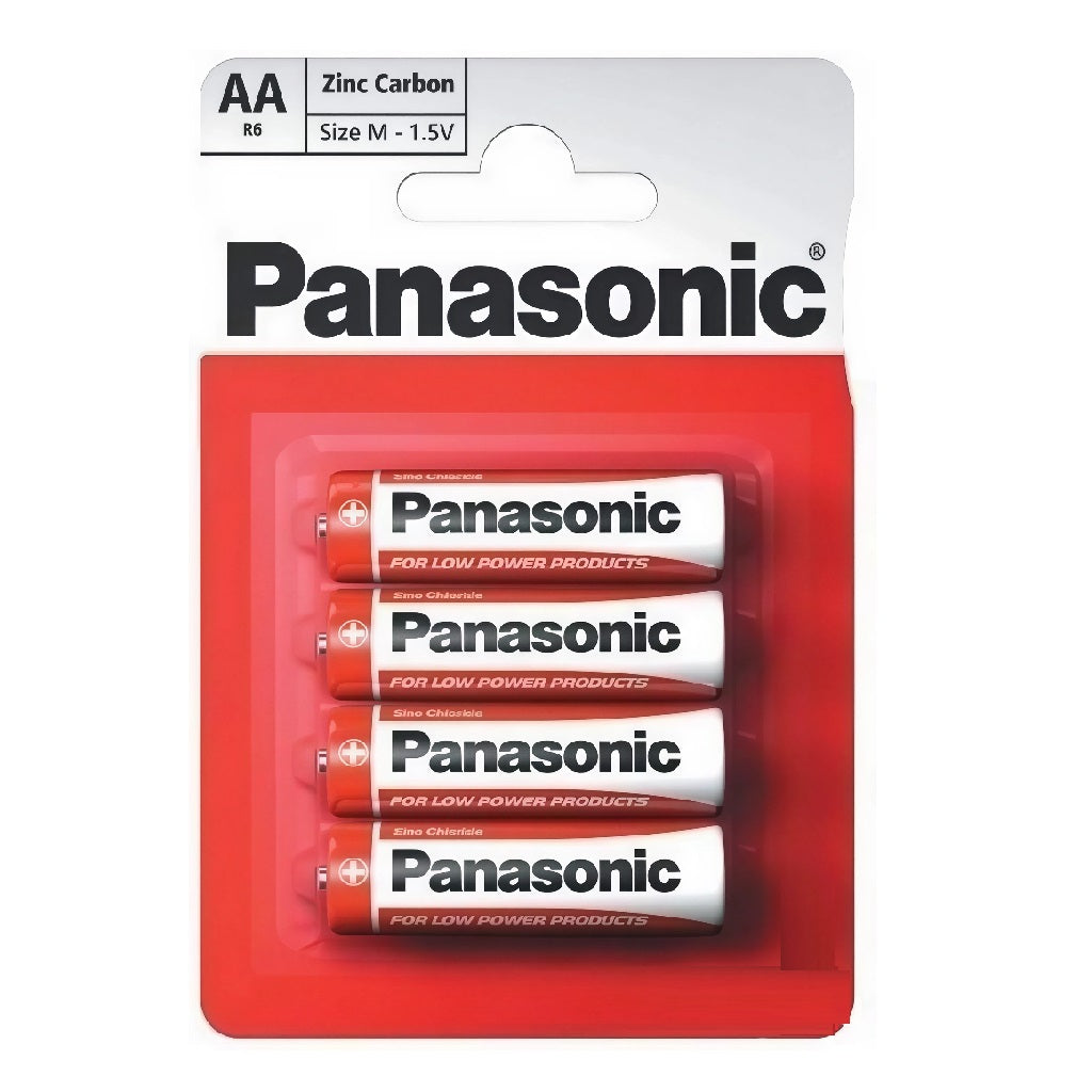 Panasonic Zinc Carbon AA Batteries Red and White Medium Pack of 4 PANAR6RB4 | 1.5 Volt R6 Everyday Power Cells | Non-Rechargeable Remote Control Batteries | Leak-Resistant Clock and Toy Battery | Low Drain Device Energy Battery