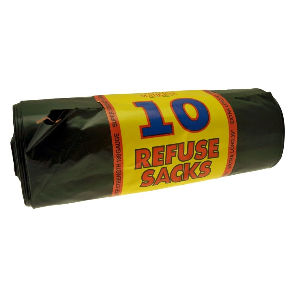 Royal Markets Heavy Duty Refuse Sacks Black 18-Inch x 29-Inch x 39-Inch Pack of 10 RS10HD | Extra Long | Suitable for Domestic and Commercial Use | Garbage Bags | Trash Bags | Waste Bags | Kitchen Bin Bags | Garden Waste Bags | Household Bin Bags