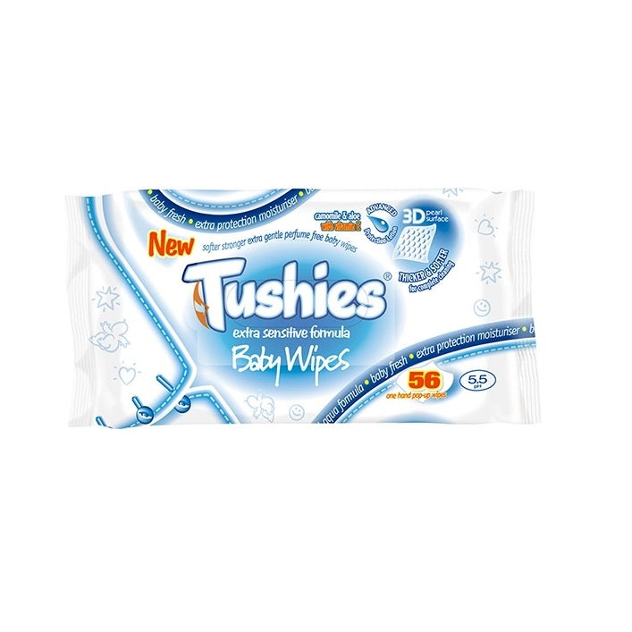 Tushies Extra Sensitive Formula Baby Wipes White Pack of 56 V00422616 | 3D Pearl Surface | Thicker and Softer | Extra Protection Moisturiser