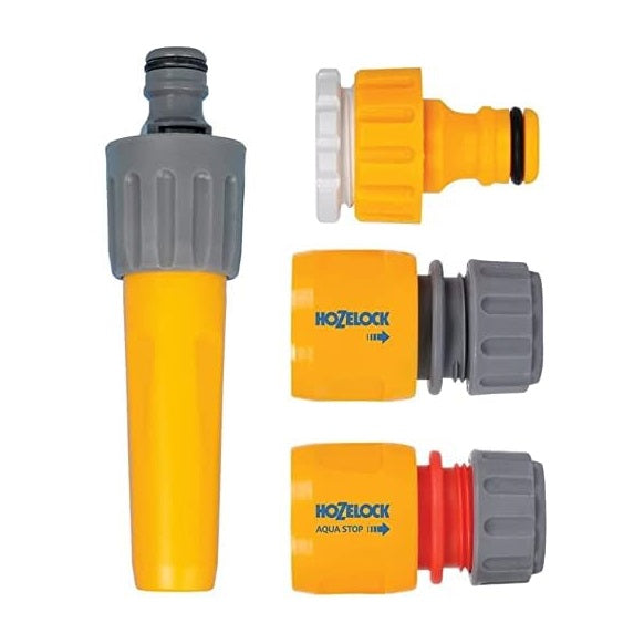 Hozelock Fitting and Nozzle Starter Set Multicoloured Pack of 4 2355 | Tap Connector and Hose Fittings | Garden Hose Connector Kit | Quick Connect Watering System | Fits 21mm and 26.5mm Taps | Ideal for Garden Hose Pipes and Watering Accessories | Garden Maintenance | Watering System | Watering Nozzle | Hose Adapter