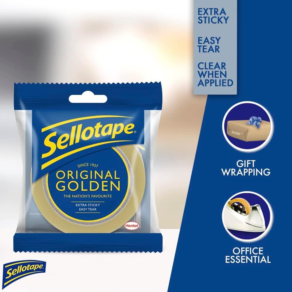 Sellotape Original Golden Tape Roll Clear 24mm x 50Mtr 2598432 2928287 | Extra Sticky Adhesive Film | High-Clarity Stationery Roll | Easy Tear Gift Wrapping Tape | Multi-Purpose Office and Home Cellophane | Strong Bonding Transparent Tape