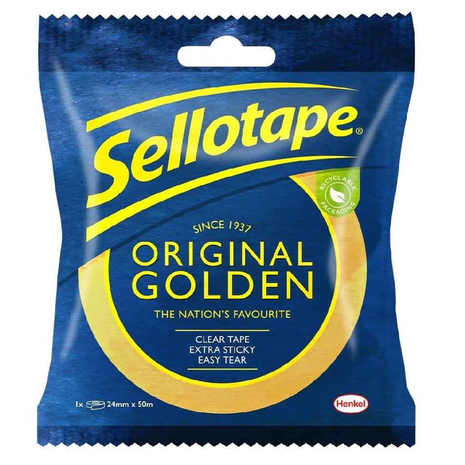 Sellotape Original Golden Tape Roll Clear 24mm x 50Mtr 2598432 2928287 | Extra Sticky Adhesive Film | High-Clarity Stationery Roll | Easy Tear Gift Wrapping Tape | Multi-Purpose Office and Home Cellophane | Strong Bonding Transparent Tape