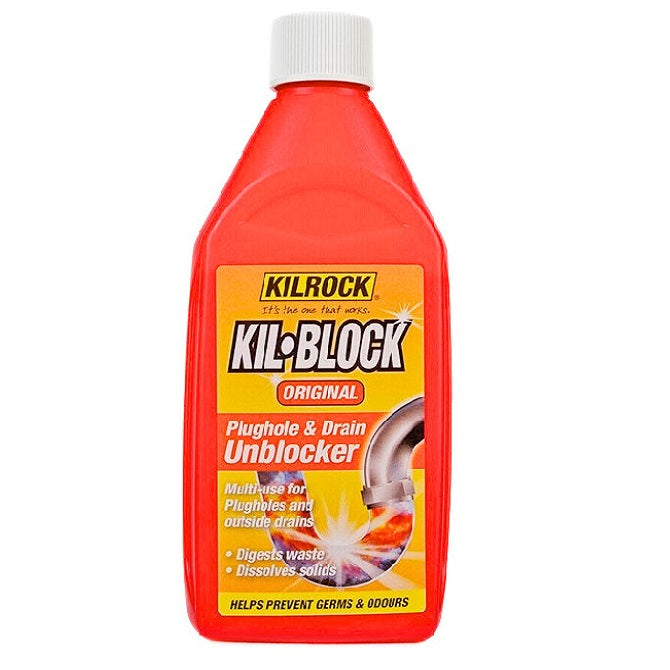 Kilrock Kil-Block Original Plughole and Drain Unblocker Clear 500ml KB500 HOKIL003 | Heavy Duty Liquid Pipe Cleaner | Sink and Shower Clog Remover | Hair and Grease Digester | Kitchen Bathroom Outside Drain Specialist | High Strength Odour and Germ