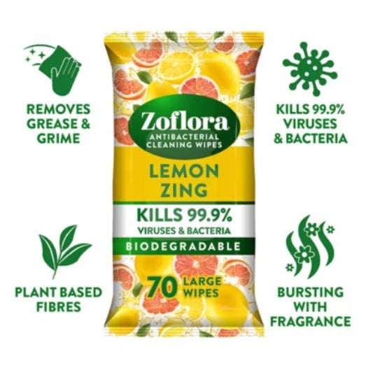 Zoflora Antibacterial Cleaning Wipes Lemon Zing White Pack of 70 12178 | Biodegradable | Large Surface Wipes | Kills Viruses and Bacteria | Removes Grease and Grime | Plant Based Fibres | Household Cleaning Wipes | Fresh Scented Wipes | Multi Surface