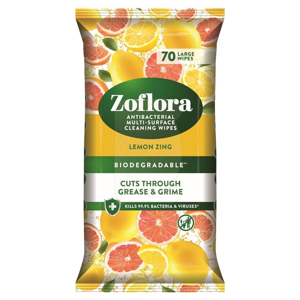 Zoflora Antibacterial Cleaning Wipes Lemon Zing White Pack of 70 12178 | Biodegradable | Large Surface Wipes | Kills Viruses and Bacteria | Removes Grease and Grime | Plant Based Fibres | Household Cleaning Wipes | Fresh Scented Wipes | Multi Surface