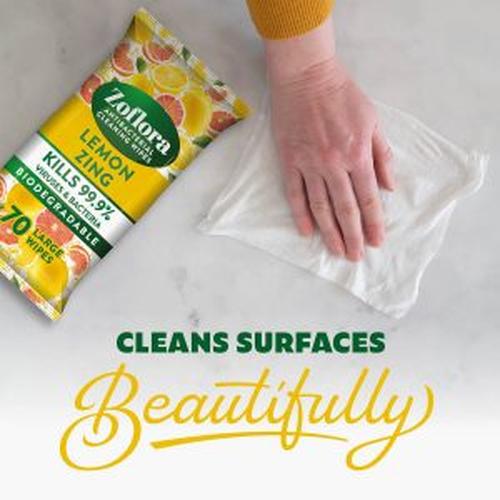 Zoflora Antibacterial Cleaning Wipes Lemon Zing White Pack of 70 12178 | Biodegradable | Large Surface Wipes | Kills Viruses and Bacteria | Removes Grease and Grime | Plant Based Fibres | Household Cleaning Wipes | Fresh Scented Wipes | Multi Surface