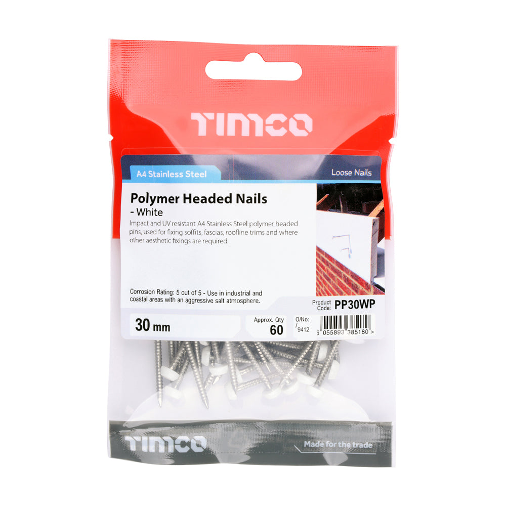 Timco Polymer Headed A4 Stainless Steel Nails White 30mm Pack of 60 PP30WP | UV Stable | Impact resistant | Used for Fixing Soffits-fascias-Roofline Trims | Shank - 2.1mm | Substrates - Corrosive Wood | Fixing Pins | Fixing Nails | Cladding Pins