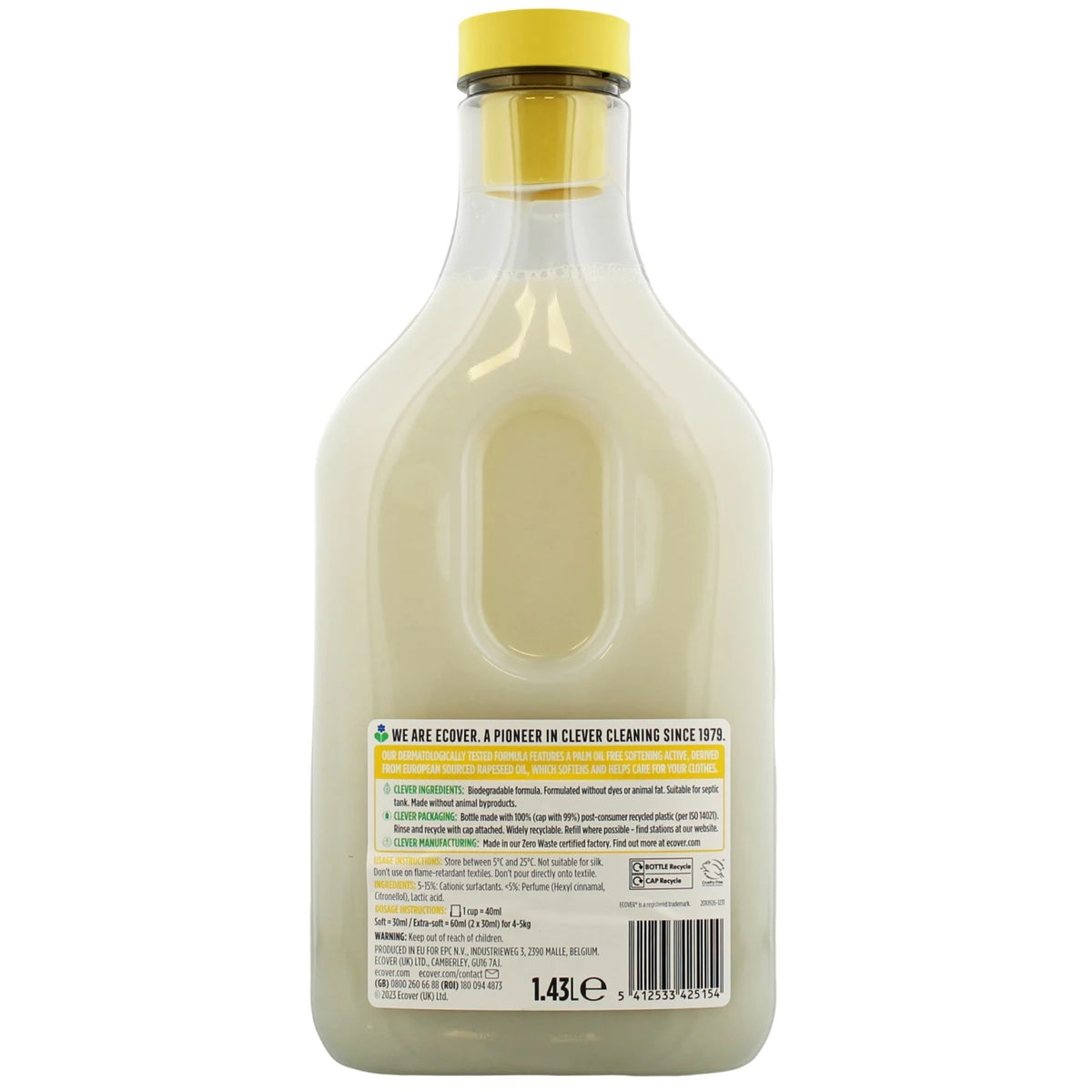 Ecover Natural Gardenia and Vanilla Fabric Softener White 1.43Ltr HOECO071 | Softens and Care | Biodegradable Formula | 47 Washes