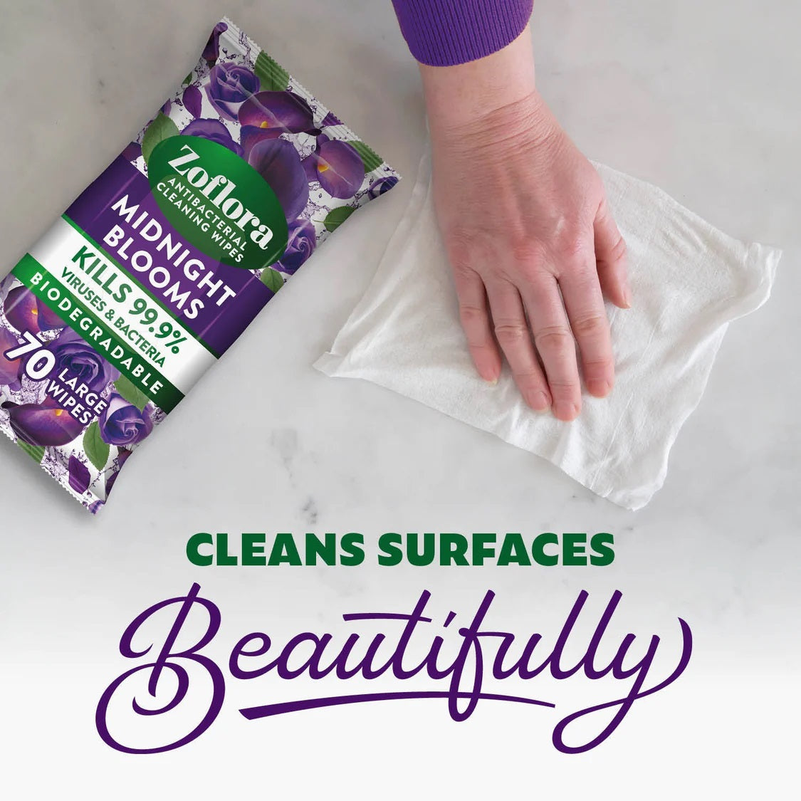 Zoflora Antibacterial Cleaning Wipes Midnight Blooms White Pack of 70 12177 | Biodegradable | Large Surface Wipes | Kills Viruses and Bacteria | Cuts Through Grease and Grime | Household Cleaning Wipes | Fresh Scented Wipes | Multi Surface Wipes