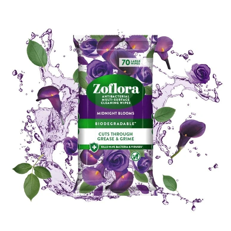 Zoflora Antibacterial Cleaning Wipes Midnight Blooms White Pack of 70 12177 | Biodegradable | Large Surface Wipes | Kills Viruses and Bacteria | Cuts Through Grease and Grime | Household Cleaning Wipes | Fresh Scented Wipes | Multi Surface Wipes