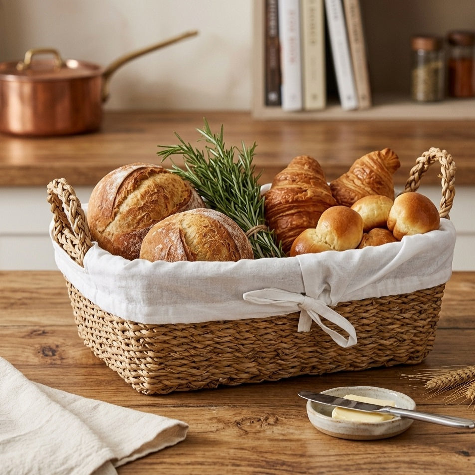 H and S Collection Bread Basket Brown 30cm x 20cm x 12cm BD2000750 | Natural Woven Seagrass | Wicker Serving Tray with Removable Cloth Liner | Rectangular Tabletop Storage Hamper | Rustic Fruit Bowl | Kitchen Counter Organiser