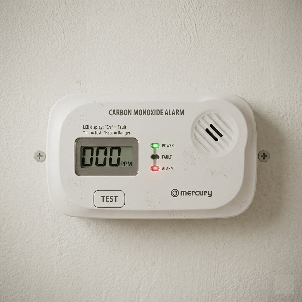 Mercury Carbon Monoxide Alarm White 350.145UK | Loud 85dB Alarm Sounds When Carbon Monoxide is Detected | Digital Display Showing Current Carbon Monoxide Levels