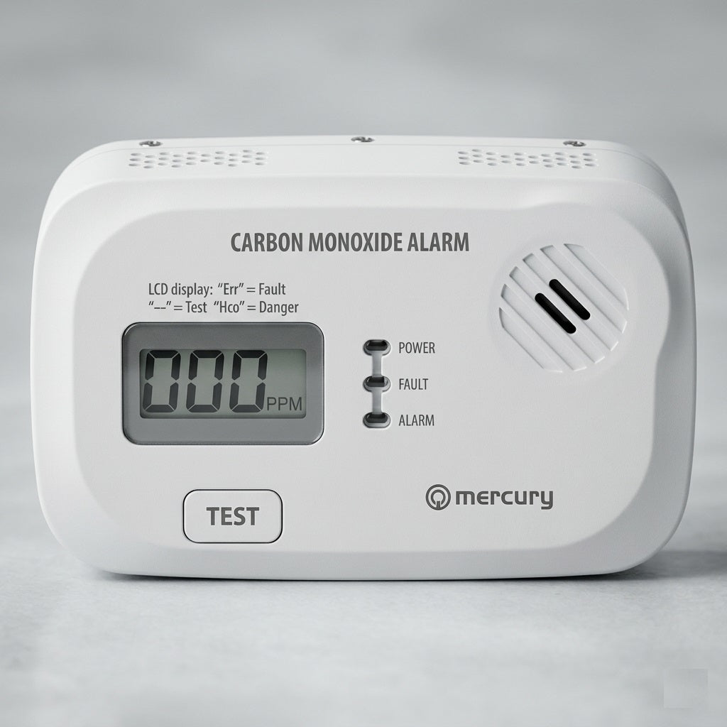 Mercury Carbon Monoxide Alarm White 350.145UK | Loud 85dB Alarm Sounds When Carbon Monoxide is Detected | Digital Display Showing Current Carbon Monoxide Levels