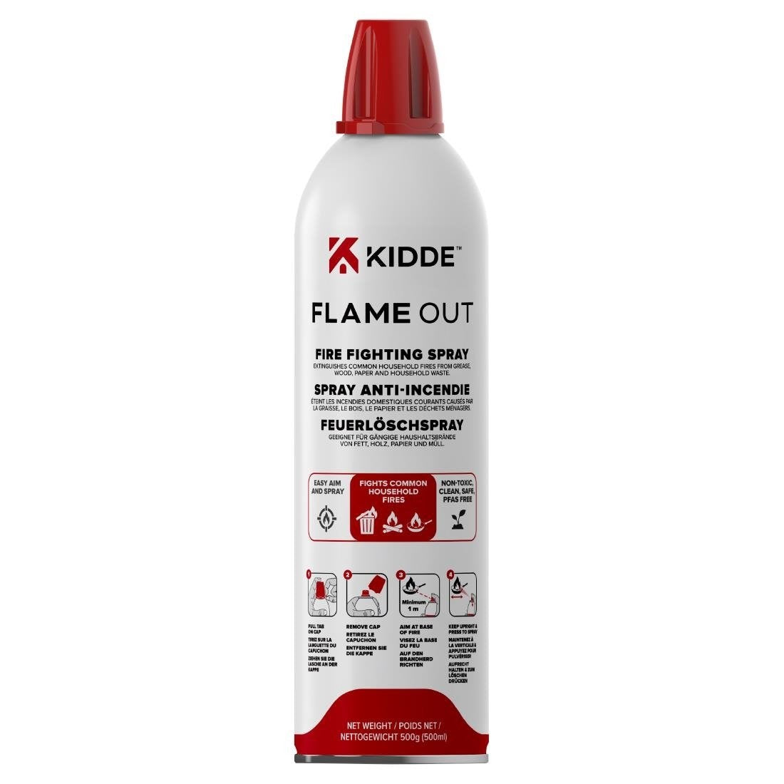 Kidde Flame Out Fire Fighting Spray White 500gm KFS-500 | Easy Aim and Spray | Non Toxic | Clean | Safe | PFAS Free | Fights Common Household Fires
