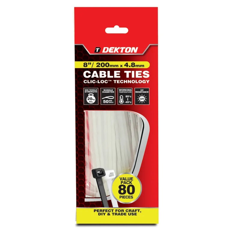 Dekton Heavy-Duty Multi Purpose Cable Ties White 200mm x 4.8mm Pack of 80 DT70457 | Clic-Loc Technology | High Tensile Strength | Temperature Resistant | Self-Locking Teeth | For Indoor and Outdoor Use | UV Resistance | Bundle Diameter 50mm | Holds Up to