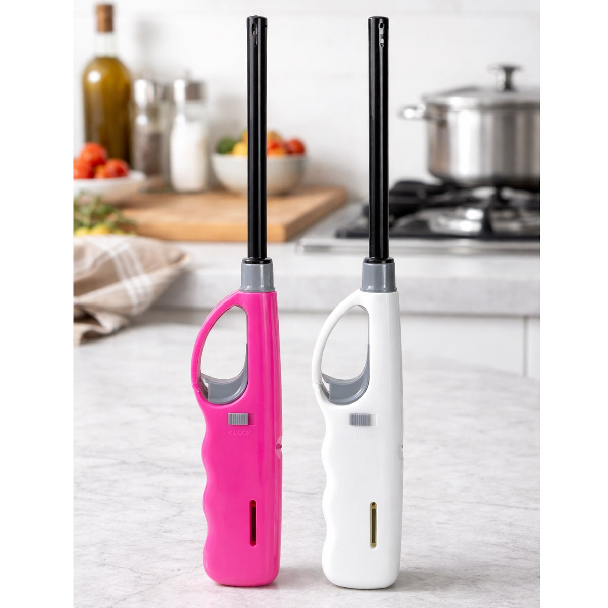 Refillable Multipurpose Gas Lighter with Safety Lock Assorted Colours 28cm Pack of 1 YV3000080 | BBQ Grill Lighter | Long Reach Lighter | Long Nozzle Lighter | Stove Ggnition Lighter | Candle Lighting Tool | Kitchen Lighter Stick | Household Gas Lighter | Fireplaces and Camping Lighter | Easy Ignition Lighter